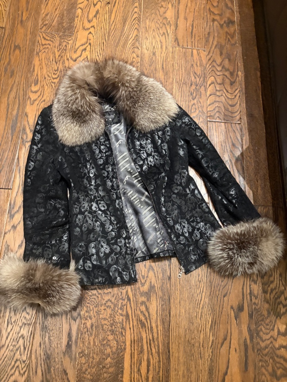 Black Floral Jacquard leather Jacket with Fur Trim